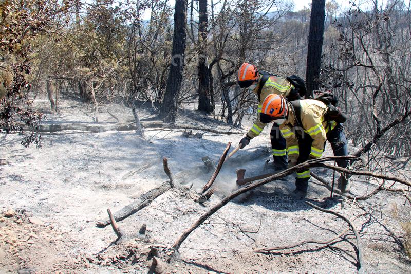 Els Bombers continuen treballant per controlar el foc de les Gavarres però els preocupa la simultaneïtat amb la calorada
